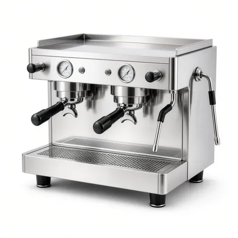 Stainless steel two-group espresso machine with a steam wand