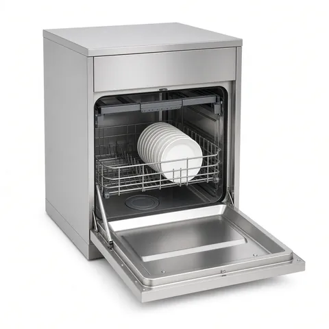 Stainless steel undercounter dishwasher with its door open and a rack of white plates