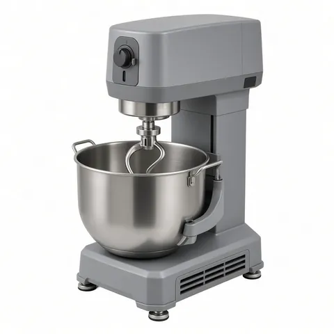 Grey planetary food mixer with a stainless steel bowl and dough hook