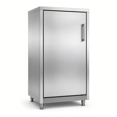 Upright stainless steel commercial fridge with a single solid door