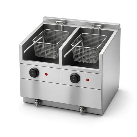 Twin-tank stainless steel fryer with two wire baskets