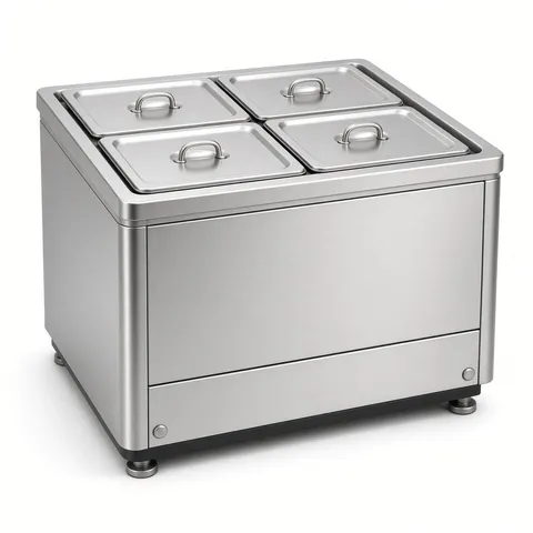 Stainless steel bain marie holding four lidded food pans