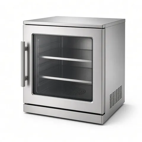 Stainless steel countertop oven with a glass door and wire shelves