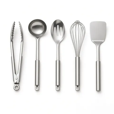 Stainless steel tongs, ladle, slotted spoon, whisk and turner laid side by side